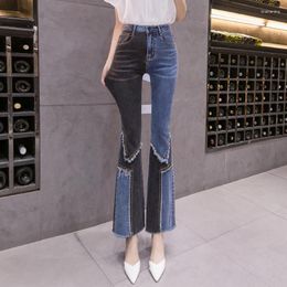 Women's Jeans 2024 Spring Denim Retro Burrs Patchwork Bell-bottomed Pants Women High Waist Fashion Worn Out Hole Long Flare Plus Size 31