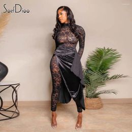 Work Dresses Soefdioo 2 Piece Sets Women Luxury Elegant Lace See Through Slim Jumpsuit And Asymmetry Maxi Skirts Match 2024 Nightclub