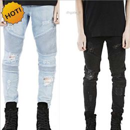 Wholesale- Hot 2024 Hip Hop Hole Ripped Jeans Men Fashion Pleated Runway Distressed Biker Boy Blue/Black Motorcycle Trousers Bottoms 28-40