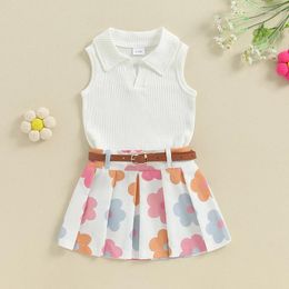 Clothing Sets 1-4Y Toddler Girl Summer Outfit Solid Colour Ribbed Knit Tank Tops And Flower/Strawberry Print Skirts With Belt 2Pcs Clothes