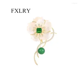 Brooches FXLRY High Quality Shell And Pearl Flower For Women Elegant Fashion Pin Green Zircon Brooch Wedding Jewellery