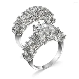 With Side Stones Romantic Luxurious 2pcs /set Rings White Cubic Zircon Crystal Silver Ring For Women Men Wedding Engagement Jewellery Size