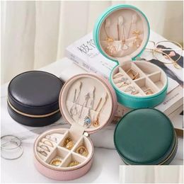 Jewellery Boxes Round Travel Box Pu Leather Case Portable Jewellery Organiser Holder For Rings Earrings Necklace Lipstick Drop Delivery Dhjut