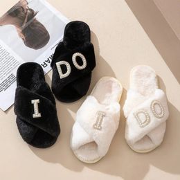 I Do Plush Slippers Bridal Shower Cross Sandals Honeymoon Trip Party Girl Weekend Bride To Be Decoration Gift Wedding Engagement 240514