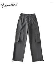 Women's Pants Yitimuceng Cargo Women 2024 Fashion Vintage Pockets Chic Streetwear Loose Straight Full Length Black