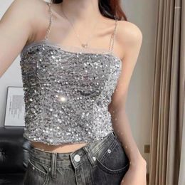 Women's Tanks ITOOLIN Summer Women Sequin Sexy Crop Top Spaghetti Sleeveless Tank With Bra Pad Lace Pleated Chain Camis Y2K Beach 2024