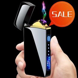 Lighters New electric lights metal double arc windproof LED screen touch ignition light USB charging portable light mens gifts S24513