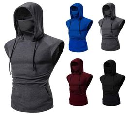 Mens Tank Top Mask Button Sports Vest Hooded Splice Large OpenForked Male Vest Gym Clothing Bodybuilding Tanktop Hoodies7126733