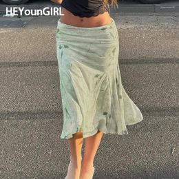 Skirts HEYounGIRL Women Street Fashion Low Waist Long Skirt Light Green Print Elegant Slim Fishtail Y2K Aesthetic Cute Outfits