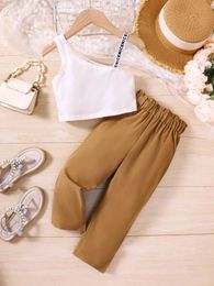 Clothing Sets Girls new summer casual suit knitted slanted shoulder vest + casual pants two-piece set Y2405202CPE