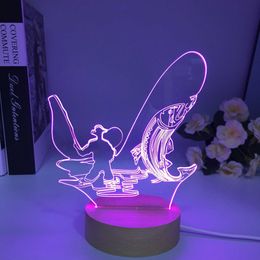 Lamps Shades Wooden 3D Table Night Light Acrylic LED Decor Fishing 3D Night Lamp with Colors Birthday Gifts Wood Present for Room Decor Y240520A6FW