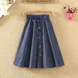 Skirts Summer Women Single-Breasted High-Waist Mid-Length A-Line Solid Colour Denim Skirt