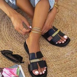 Slippers 2024 Women's Summer Fashion Flat Sandals European Plus Size Metal Chain Beach Flip Flops Female