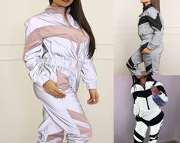 Two Piece Dress 2021 Women Reflective Tracksuit Splicing Long Sleeve Zipper Up Trench Top Running Pants 2 Outfits Sports Sets4686883