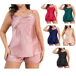 Vind överdimensionerade pyjamas, suspender shorts, tvådelar set, sommar breddade och fettade siden avslappnad is silkes hemkläder för kvinnor