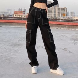 Women's Jeans Spring Womens High Waist Stitching Pocket Straight Pants Casual Women Streetwear