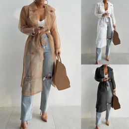 Women's Jackets 1Pc Lapel Shirt Coat Net Yarn See Through Outdoor Top With Belt Lantern Sleeves Spring Summer Lace-up Long For Daily Wear