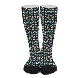 Women Socks Blue Pink Yellow And Green Butterflies Stockings Men Butterfly Print Floral Art Quality Harajuku