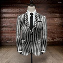 Men's Suits Cheque Blazer For Men 1 Piece Suit Jacket With Side Slit Slim Fit Houndstooth Plaid Casual Coat 2024 Ready To Ship