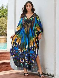 Bohemian Multicolor Print Batwing Sleeve Loose Kaftan Beach Maxi Dress Women 2024 Summer Sexy Beachwear Swimsuit Cover-ups Q1588