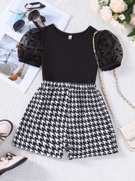 Clothing Sets Girls Summer New Fashion Two Piece Set Black Knitted Jacquard Mesh Top+Thousand Bird Grid Shorts Set Y240520QC95