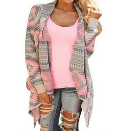 Women Long Sleeve Waterfall Knitted Geometric Print Cardigan Sweater Outwear Top2033511