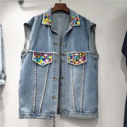 Women's Vests Pearl Beaded Diamond Cowboy Vest Spring Summer 2024 Women Clothing Loose Casual Lapel Sleeveless Female Denim Waistcoat Blue