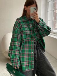 Women's Blouses Mueyaruho 2024 Autumn Winter Women Oversized Thick Plaid Shirt Green Blue Vintage Long Sleeve Loose Fit Blouse For Woman