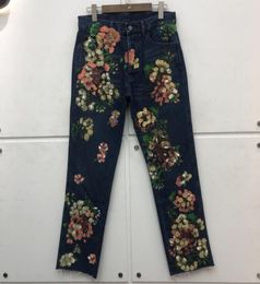 Flower Graffiti Print Vintage Washed Distressed Jeans Men Women High Quality Pants Trousers9788525