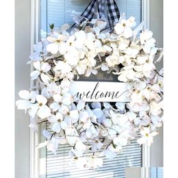 Decorative Flowers Wreaths Front Door Hanging Welcome Sign Wreath Handmade White Artificial Flower For Easter Wall Decor Drop Deli Dhnt9