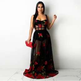Casual Dresses Cutubly Birthday Evening Party Maxi Dress For Women Elegant Rose Embroidery Mesh See Though Patchwork Black Loose Prom