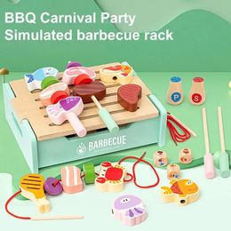 Kids Wooden Barbecue Grill Pretend Play Sets Childrens Cooking Puzzle Toy Simulated Meat Vegetable Seasoning Kitchen BBQ Toys 240507