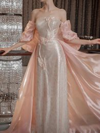 pink mermaid Prom Dresses for Special Occasions Cap Sleeves Sheer Neck Mermaid Illusion pearls beaded Elegant Evening Dresses Engagement Gowns Gala Pageant Outfit