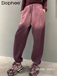 Autumn Winter Heavy Embroidery Drilling Casual Fleece Pants High Waist Slimming Harem Pants Sweatpants for Women 240517