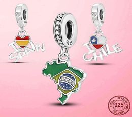 Silver Pendant 925 Sterling Silver Spain Chile Brazil Flag Love Charm Beads fit Original Bracelet Necklace DIY Jewelry2682684