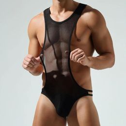 Men's Tank Tops 2024 Men Sexy Black Underwear Bodysuit Gay Under Shirt Mesh Top High-quality Thongs G-String Lingerie