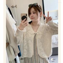 Women's Knits Spring Short Knitted Cardigans Women Hollow Out Loose Casual Tassel Sun-Proof Sweater Coat Female Vintage Lace-Up Tops K315