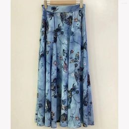 Skirts Vintage Butterfly Pattern Printed Women Silk Pleated Skirt 2024 Summer Ladies High Waist Fashion Mid Jupe