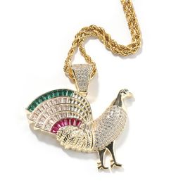 New Design Jewellery Gold Silver Colour Iced Out Bling CZ Rooster Pendant Necklace with 24inch Rope Chain For Men Women