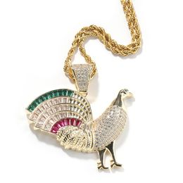 New Design Jewelry Gold Silver Color Iced Out Bling CZ Rooster Pendant Necklace with 24inch Rope Chain For Men Women