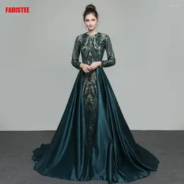 Party Dresses Elegant Muslim Green Long Sleeves Evening With Detachable Train Sequin Bling Moroccan Kaftan Formal Gown