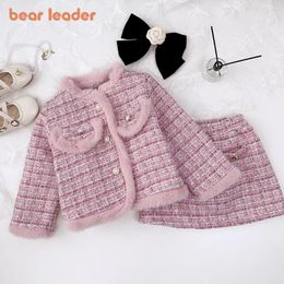 Clothing Sets Bear Leader Winter Thickened Warm Girls Plaid Coats And Skirts 2Pcs Children's Pearls Buttons Princess Outfits