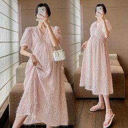 Maternity Dresses Korean French glitter maternity wear 2023 new V-neck puff sleeves fashionable and cute maternity wear d240520