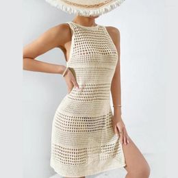Beige Plaid Sheer Cover See-Through Hollow-Out Beach Knitted Dress Sleeveless Solid Colour Swimwear Sunscreen