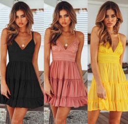 2020 Summer Boho Deep V Neck Dress Women Sexy Strappy Lace White Mini Dresses Female Ladies Beach Hollow Out Party Club Sundress V4082771