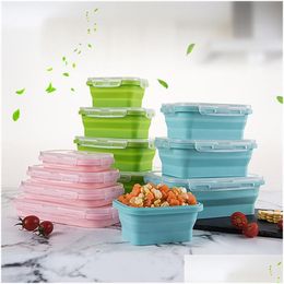 Lunch Boxes Sile Folding Rec Collapsible Bento Box Food Container Bowl 350/500/800/1200 Ml 4Pcs/ Set Drop Delivery Home Garden House Dhygr