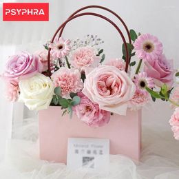 Storage Bags Portable Flower Box Kraft Paper Handy Gift Bag With Handhold Wedding Rose Party Packaging Cardboard For