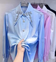 Women's Blouses Luxury Diamonds Cotton Shirts Women 2024 Spring Button Up In Long Sleeve Fashion Causal Tops Camisas De Mujer