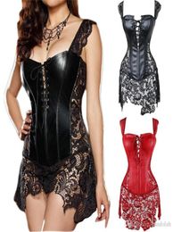 2017 Women Faux Leather Burlesque Plus Size Waist Training Corset Venice Lace Dress Overbust Good Quality Steampunk Clothing9160062