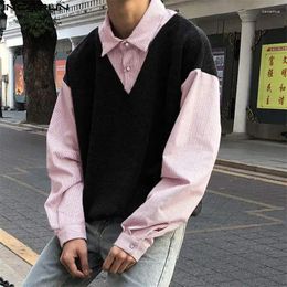 Men's Casual Shirts INCERUN Tops 2024 Korean Style Handsome Men Knitted Striped Patchwork Leisure Streetwear Male Lapel Blouse S-5XL